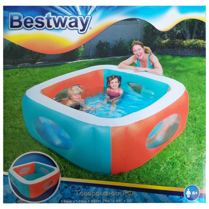 Бассейн надувной Bestway, 168×168×56 см, с окошками, от 6 лет, 51132