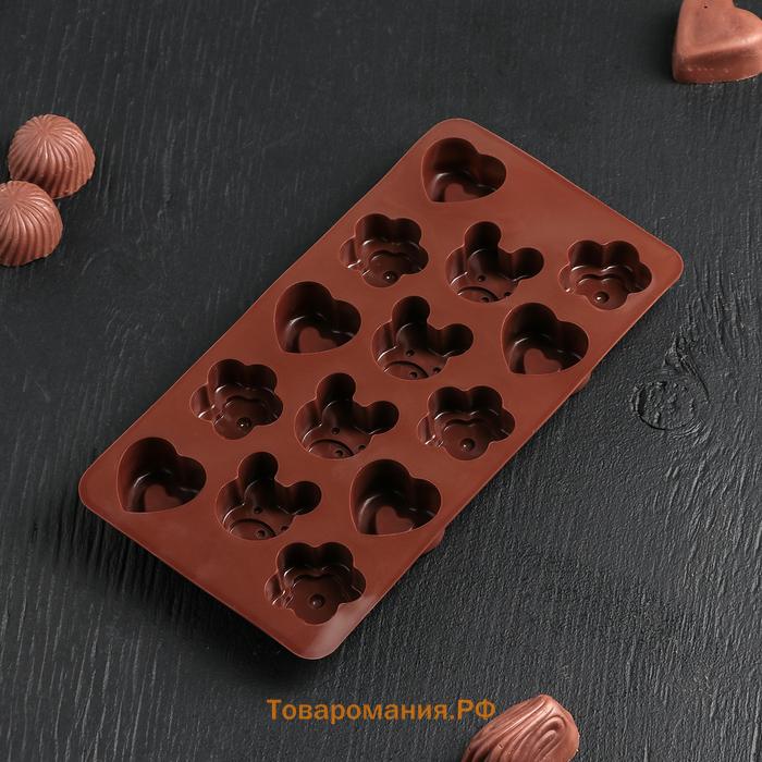Форма для конфет и шоколада  «Мишка, цветок, сердце», силикон, 19.7×10.5×1.5 см, 14 ячеек, коричневая