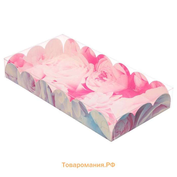 Коробка для печенья, кондитерская упаковка с пластиковой крышкой, «Пионы», 10.5 х 21 х 3 см