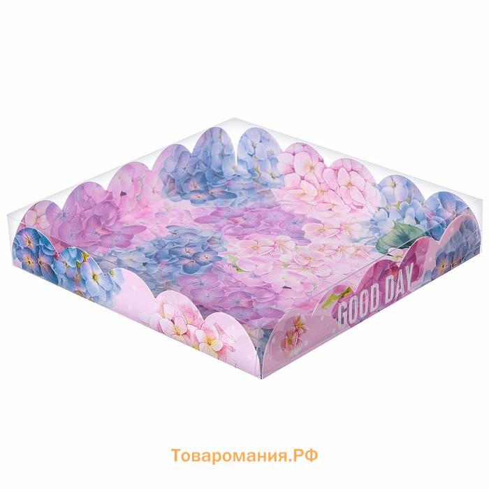 Коробка для печенья, кондитерская упаковка с пластиковой крышкой, Good day, 18 х 18 х 3 см