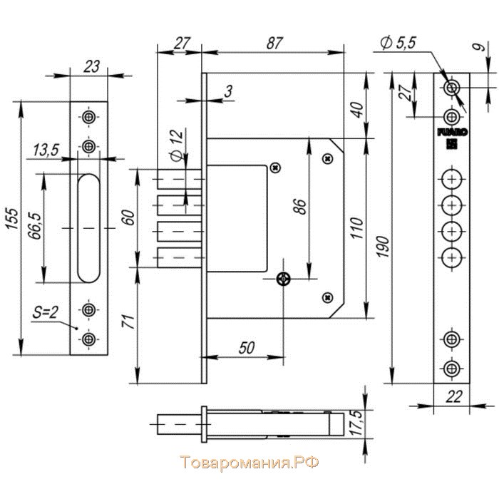 Замок врезной Fuaro 200-4MF/PB, 5 ключей, цвет латунь