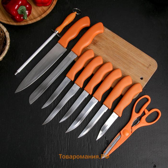 Набор ножей кухонных на подставке, 8 ножей, ножеточка, ножницы, оранжевый