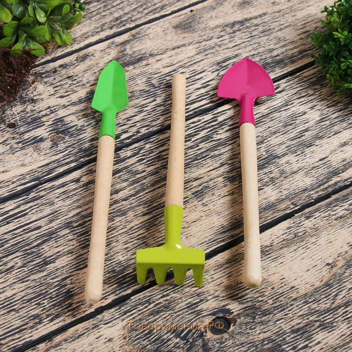 Набор садового инструмента, 3 предмета: рыхлитель, совок, грабли, длина 20 см, Greengo