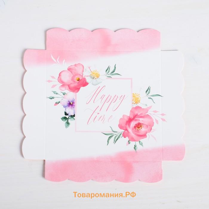 Коробка для печенья, кондитерская упаковка с пластиковой крышкой, Happy time, 15 х 15 х 3 см