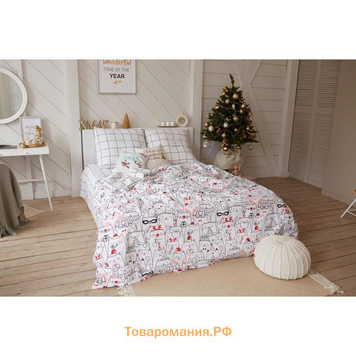 Постельное белье новогоднее  1.5 сп Xmas cat 143*215 см, 150*214 см, 70*70 см - 2 штуки