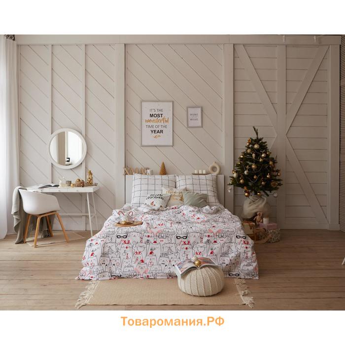 Постельное белье новогоднее  1.5 сп Xmas cat 143*215 см, 150*214 см, 70*70 см - 2 штуки