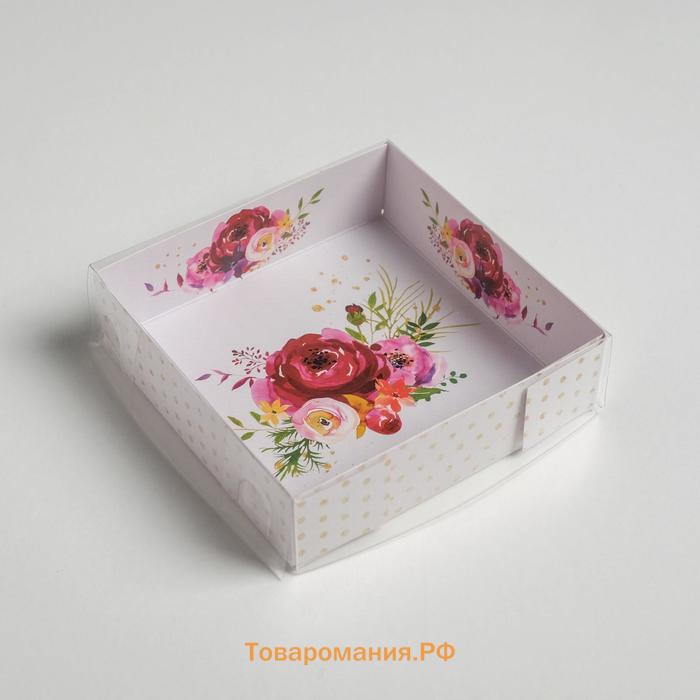 Кондитерская упаковка, коробка для макарун с PVC крышкой, «Цветы», 12 х 12 х 3.5 см