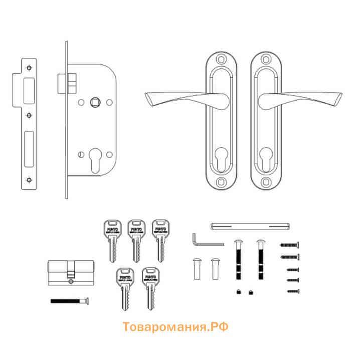 Замок врезной цилиндровый с защёлкой, с ручкой KIT P16 4070, 5 кл., цвет матовый никель