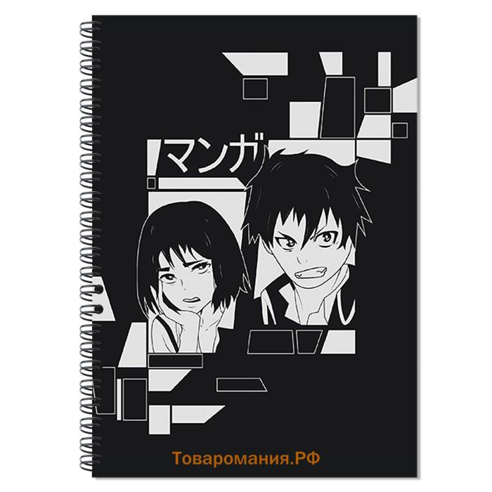 Тетрадь A5, 80 листов в клетку, на гребне, Calligrata "Аниме Art.черное и белое"