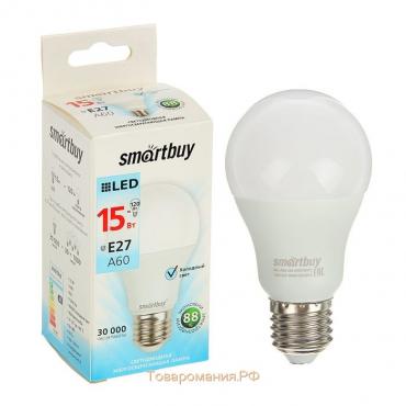 Лампа cветодиодная Smartbuy, E27, A60, 15 Вт, 4000 К, дневной белый свет