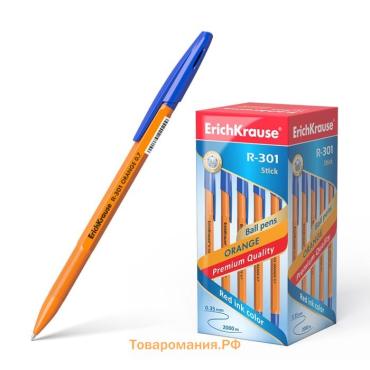 Ручка шариковая ErichKrause R-301 Orange Stick, узел 0.7 мм, чернила синие, длина линии письма 2000 метров, штрихкод на ручке