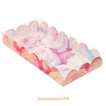Коробка для печенья, кондитерская упаковка с пластиковой крышкой, «Пионы», 10.5 х 21 х 3 см