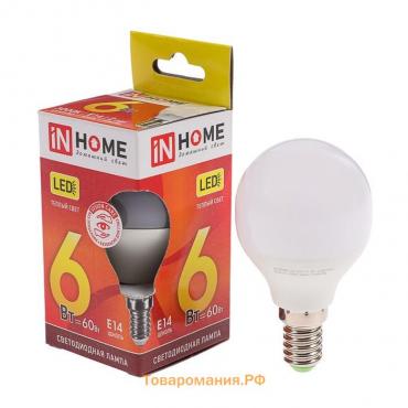 Лампа светодиодная IN HOME, Е14, G45, 6 Вт, 540 Лм, 3000 К, теплый белый