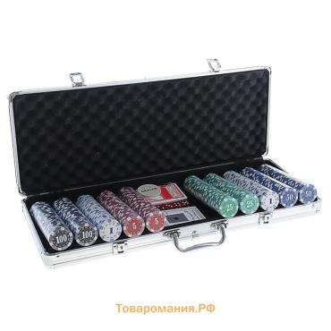 Покер в металлическом кейсе (2 колоды, фишки 500 шт. с/номиналом, 5 кубиков), 20.5×56 см