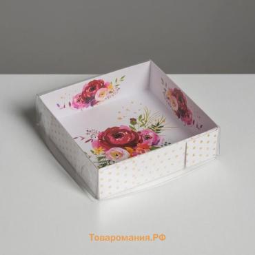 Кондитерская упаковка, коробка для макарун с PVC крышкой, «Цветы», 12 х 12 х 3.5 см